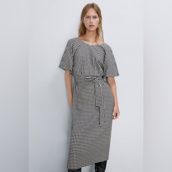 Zara Women Houndstooth Midi Dress Black White Balloon Sleeves Size M - Picture 4 of 16